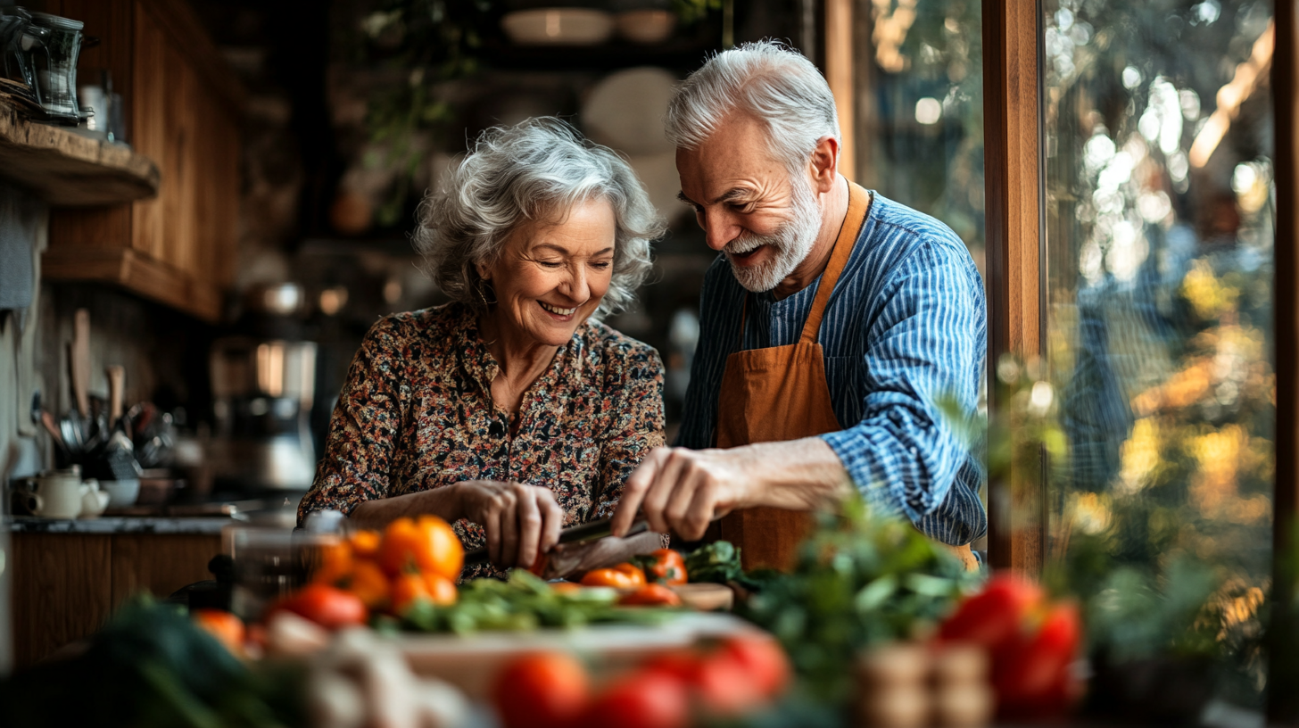 Щаслива пара старшого віку готує здорову їжу разом